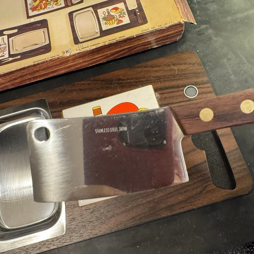 Vintage 1970s Wooden Cheese Board Set with Knife,‎ Tray, and Porcelain Tile